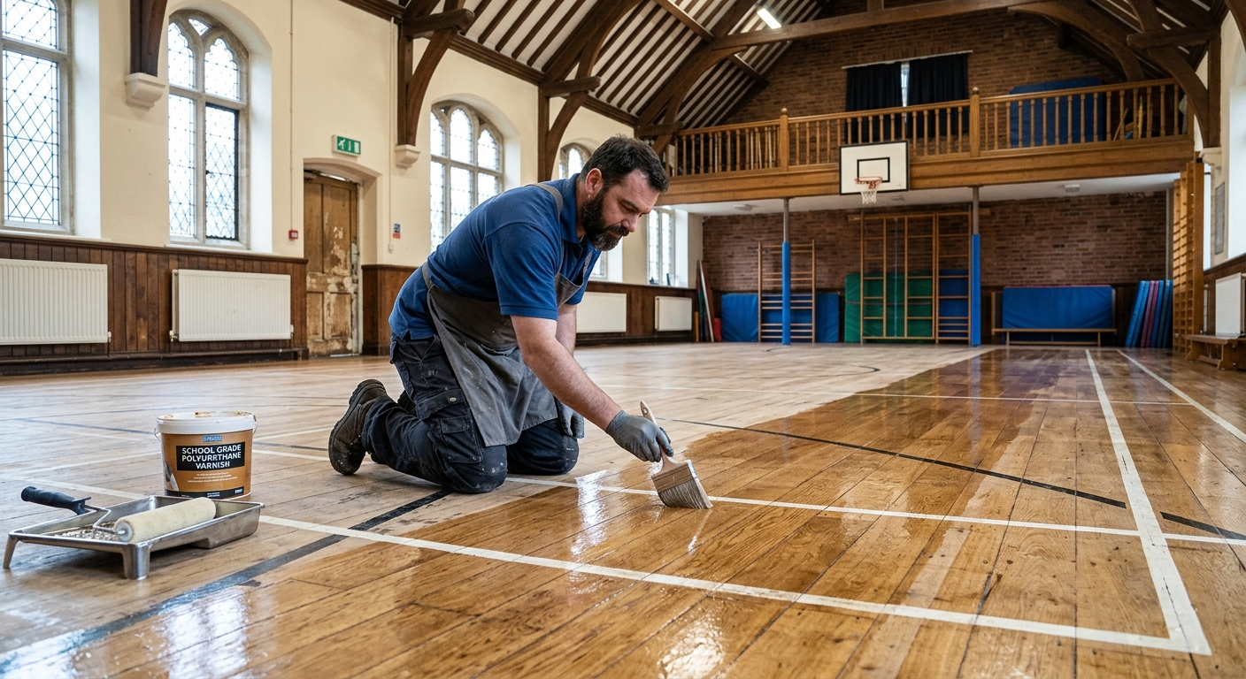 School Floor Varnishing West Ealing W13 A specialist school floor sanding contractor in West Ealing applying durable floor finishes for school halls using a brush on a wooden sports hall floor.
