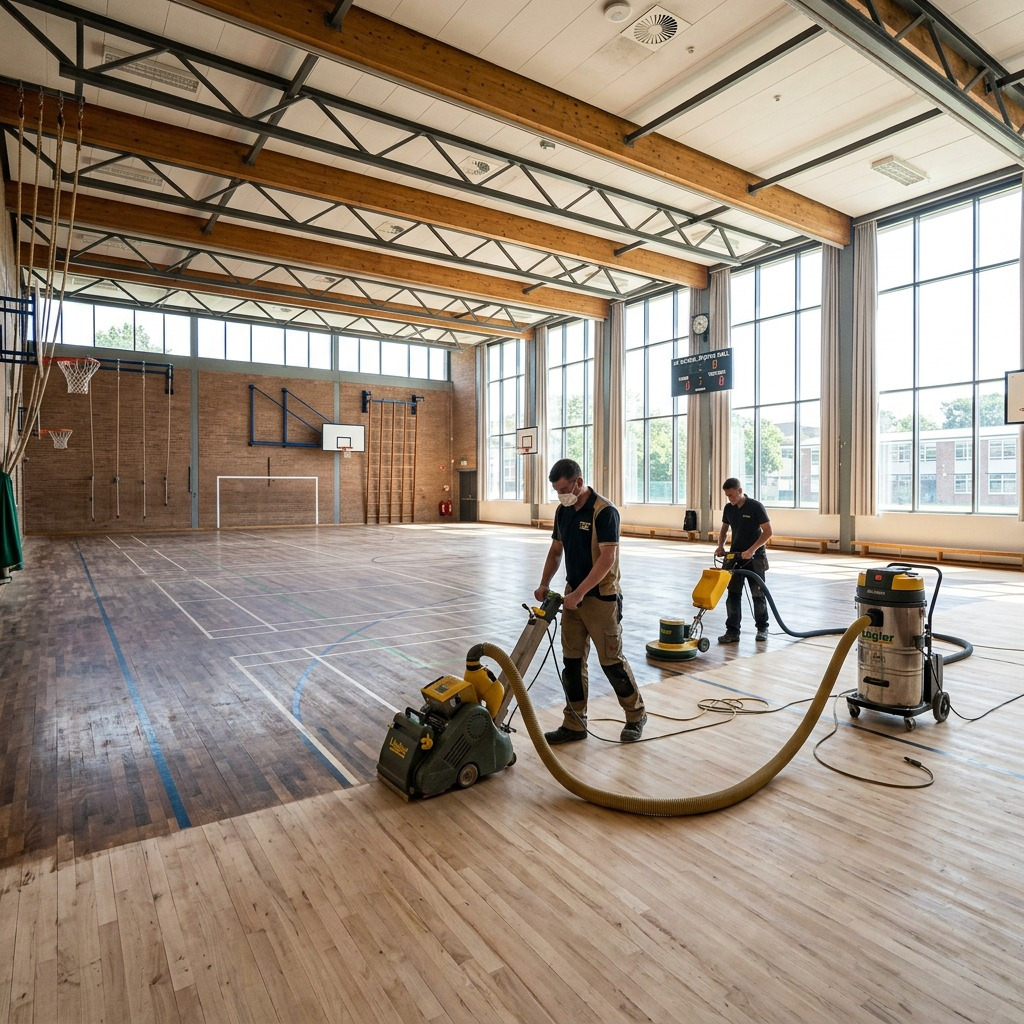 Professional floor sanding contractors using dust-free Lagler machinery to restore a wooden sports hall floor in a West Ealing school.