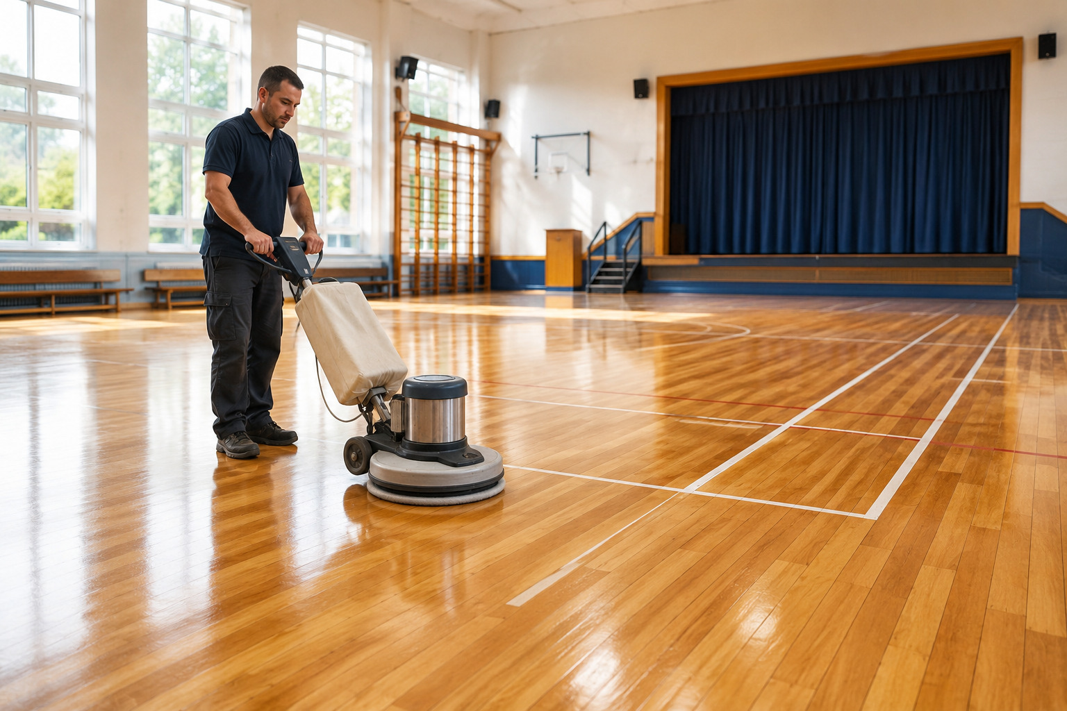 School Hall Floor Maintenance West Ealing W13 A professional contractor performing school wood floor maintenance in West Ealing using a heavy-duty floor buffer in a large school hall.