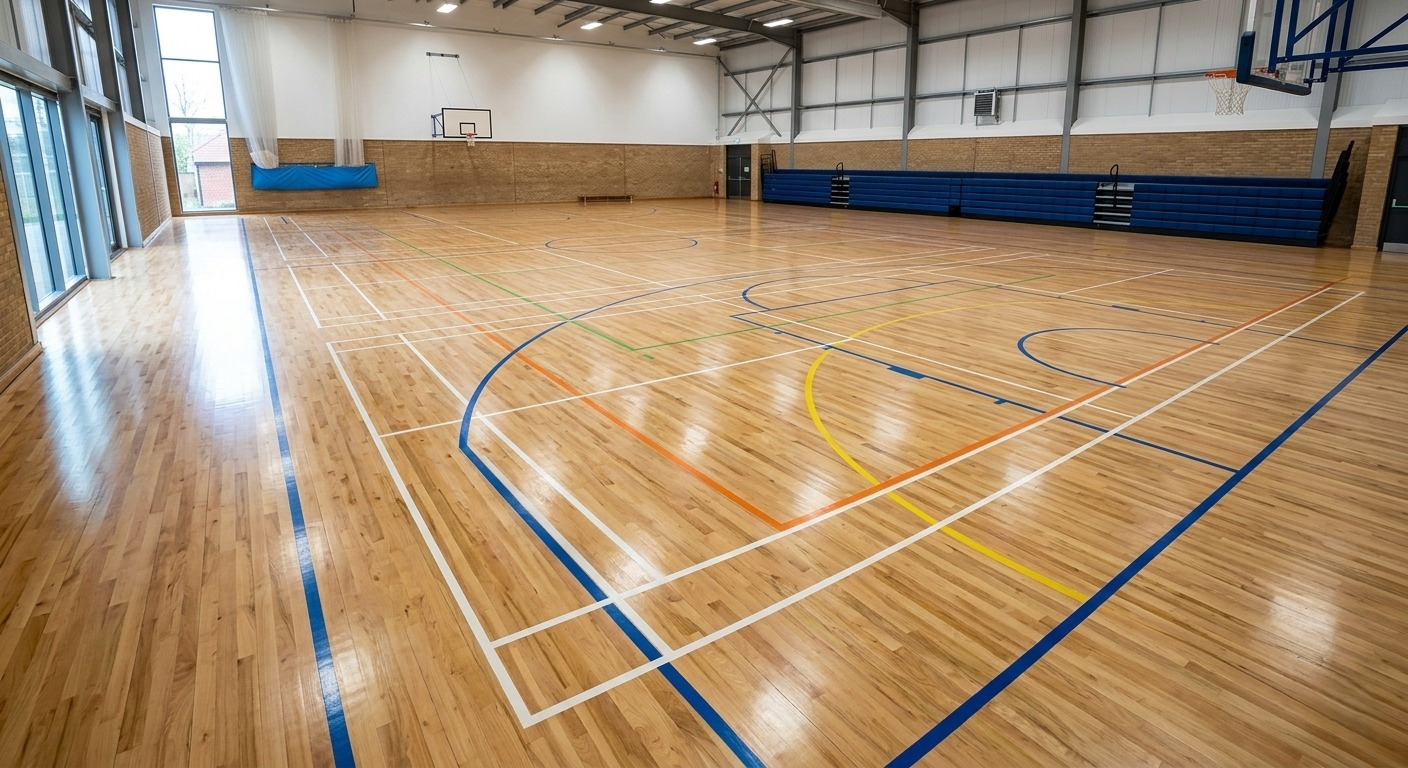 A perfectly restored and lacquered wooden sports hall floor in a West Ealing facility, featuring vibrant multi-sport court line markings and a high-gloss durable finish.