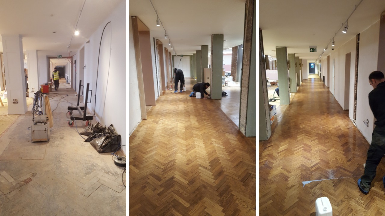 Three-stage process of herringbone parquet floor restoration showing sanding, sealing and final glossy finish